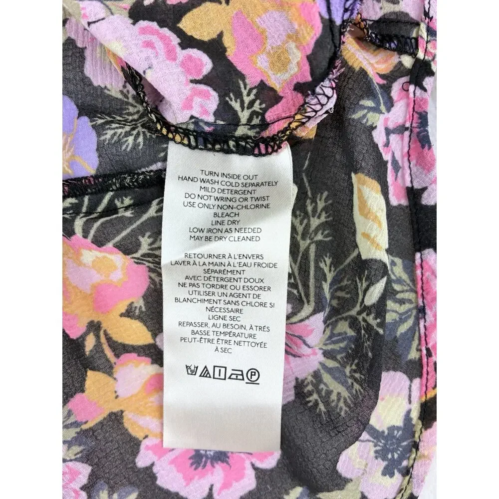 Free People Floral Blouse Womens Small Black Pink Sheer Ruffle Tie Front Boho